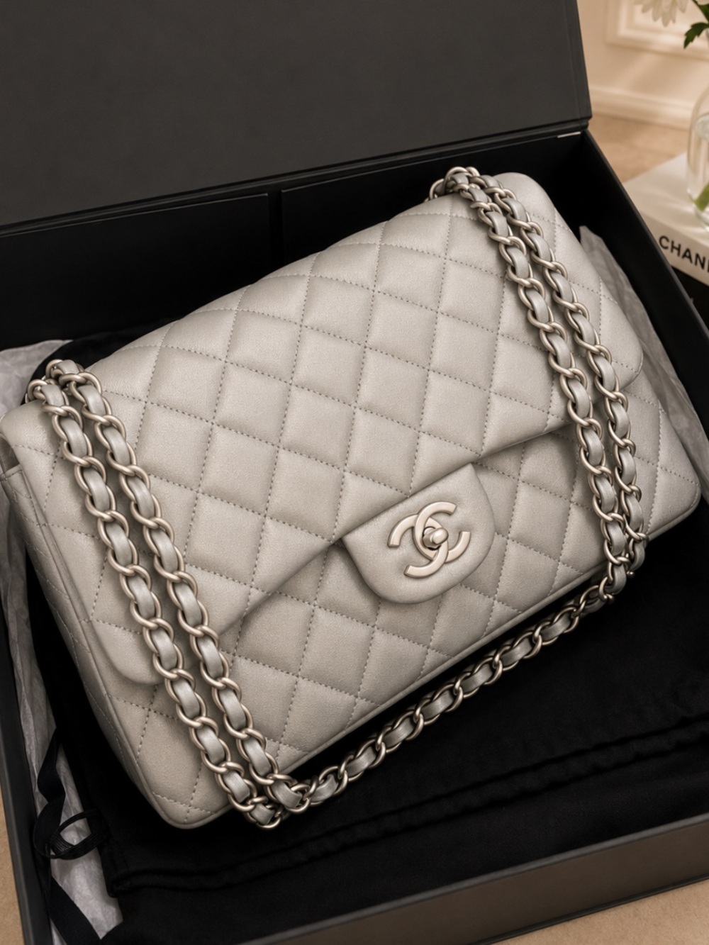 Chanel Classic Double Flap Metallic Silver Quilted Lambskin Jumbo Size